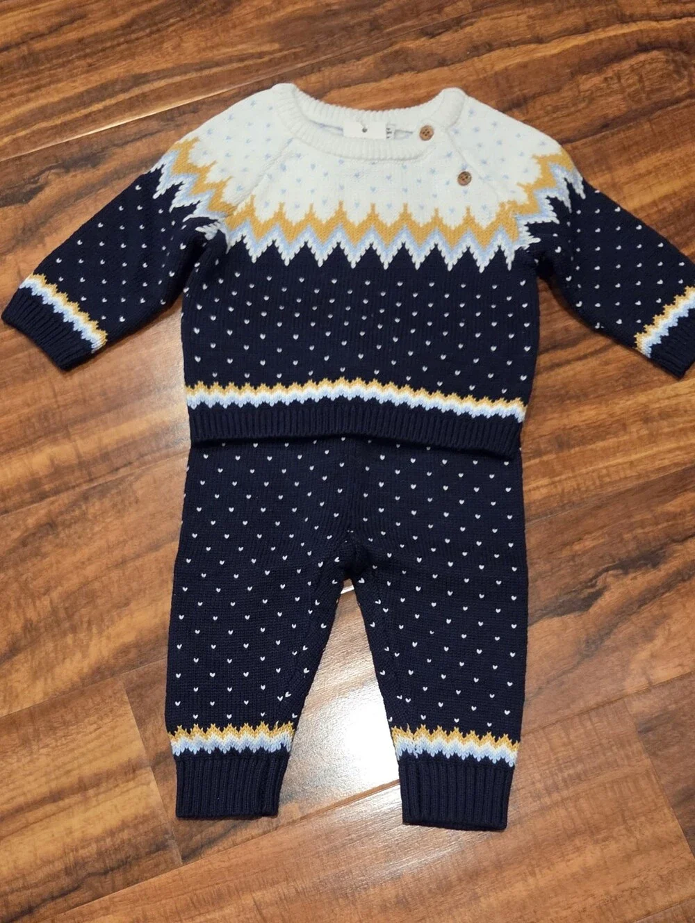 Janie and Jack NWT 3-6 months white/yellow/navy fair isle sweater and pants set